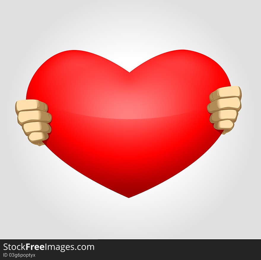 Image of hands holding heart on grey clear background showing care and trueness. Image of hands holding heart on grey clear background showing care and trueness