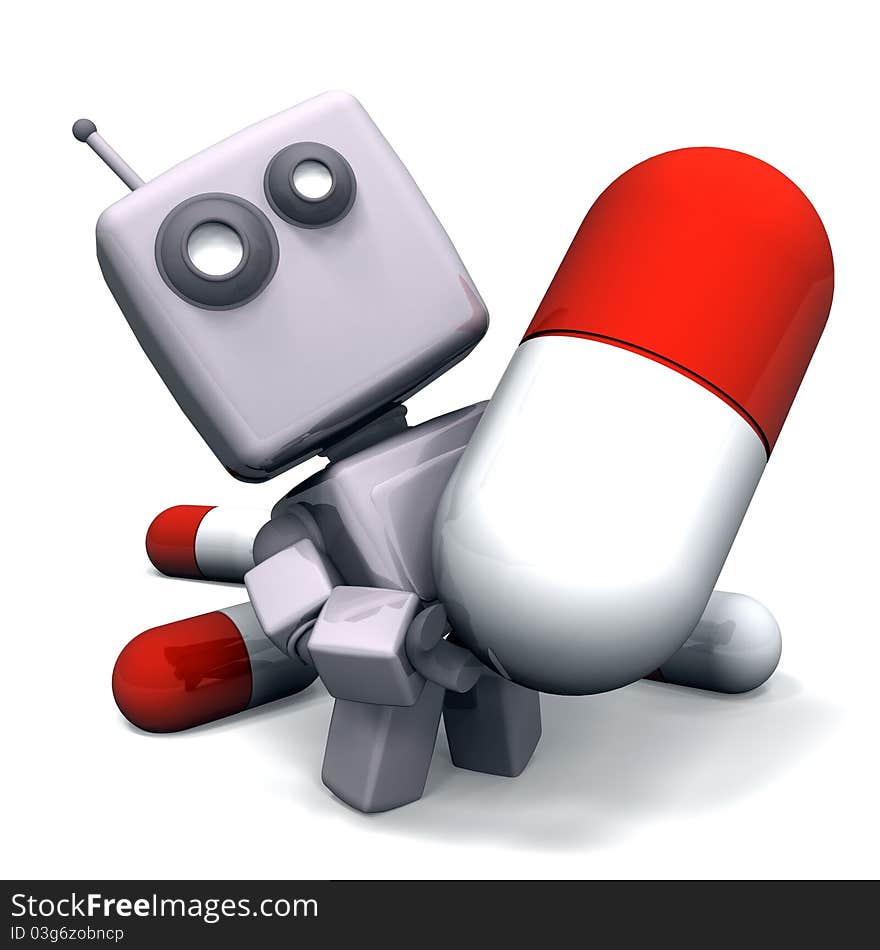 A gray robot with White and Red Pill; 3D illustration. A gray robot with White and Red Pill; 3D illustration