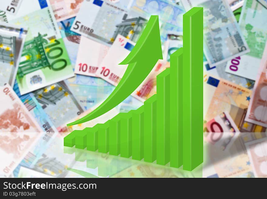 Illustration, green graph and arrow on background euro