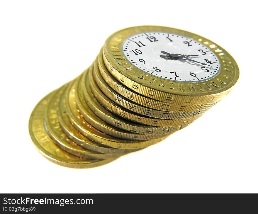 Coins in the form of hours on a white background. Coins in the form of hours on a white background