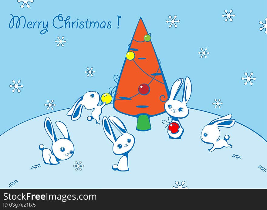 Christmas card with hares and a fur-tree