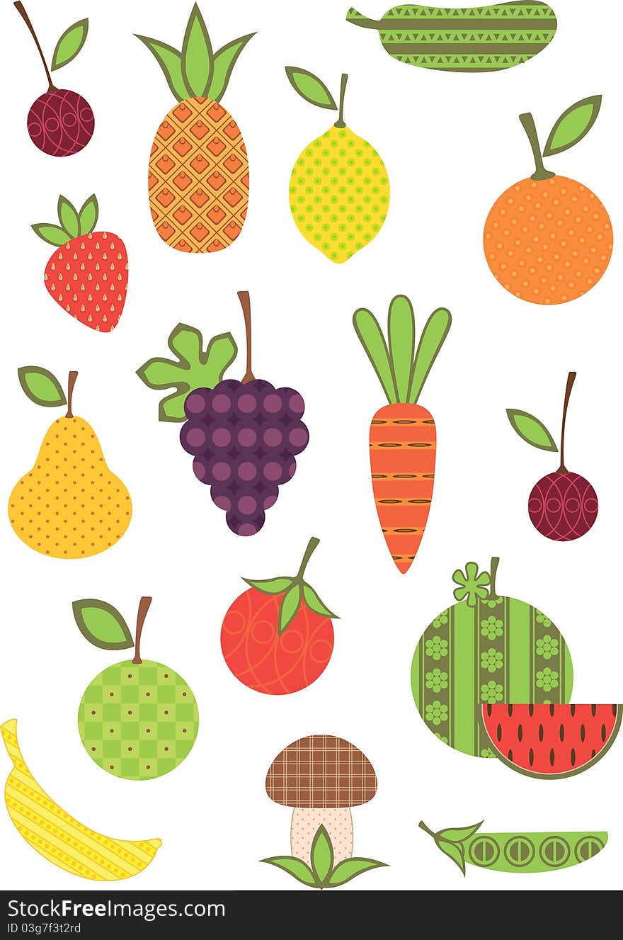 Fruit and vegetable collection, stylized. Fruit and vegetable collection, stylized