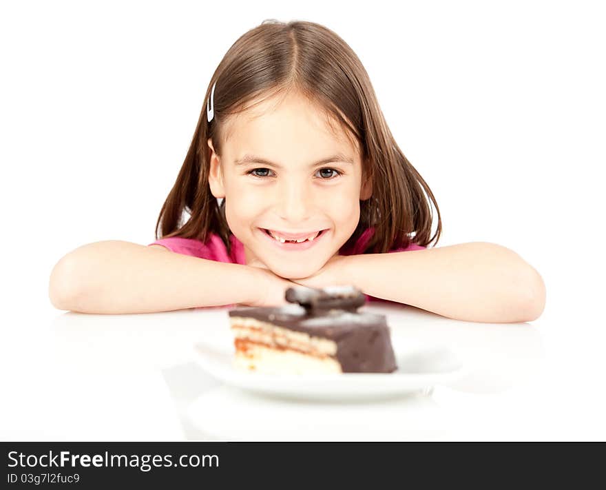 Little girl with chocolate cake isolated on white