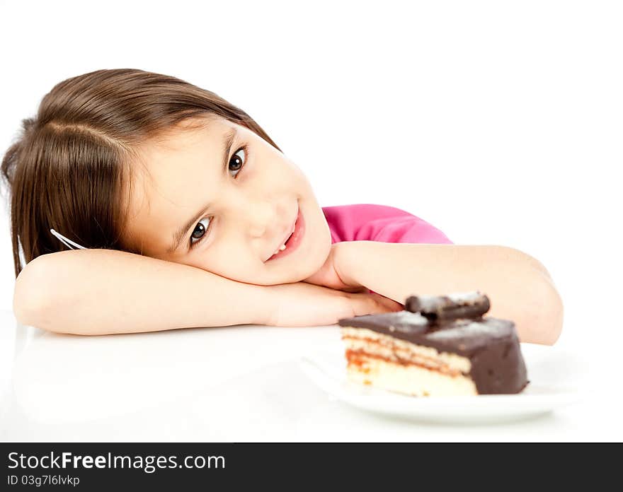 Little girl with chocolate cake isolated on white