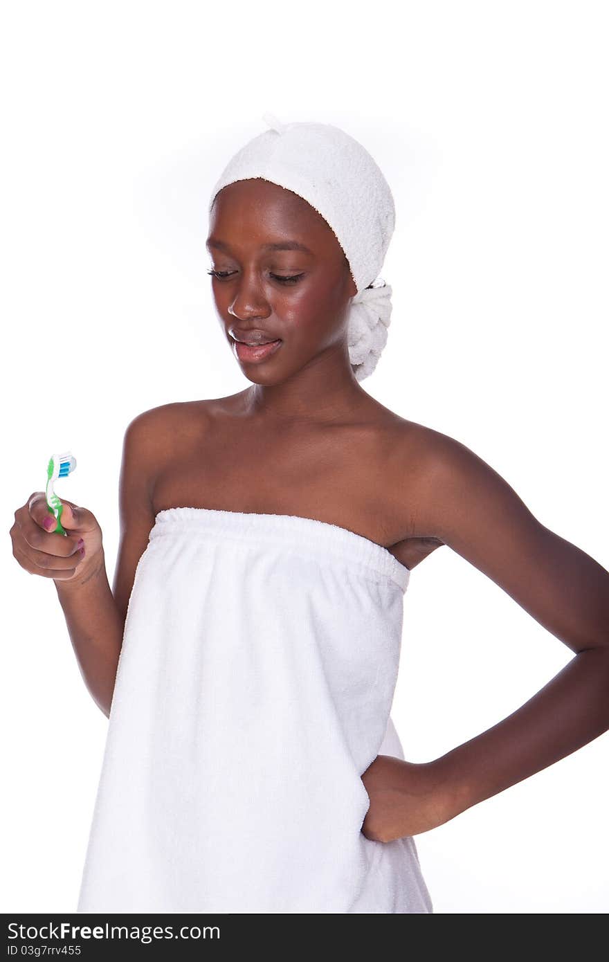 Black beauty woman after shower cleaning her teeth. Black beauty woman after shower cleaning her teeth