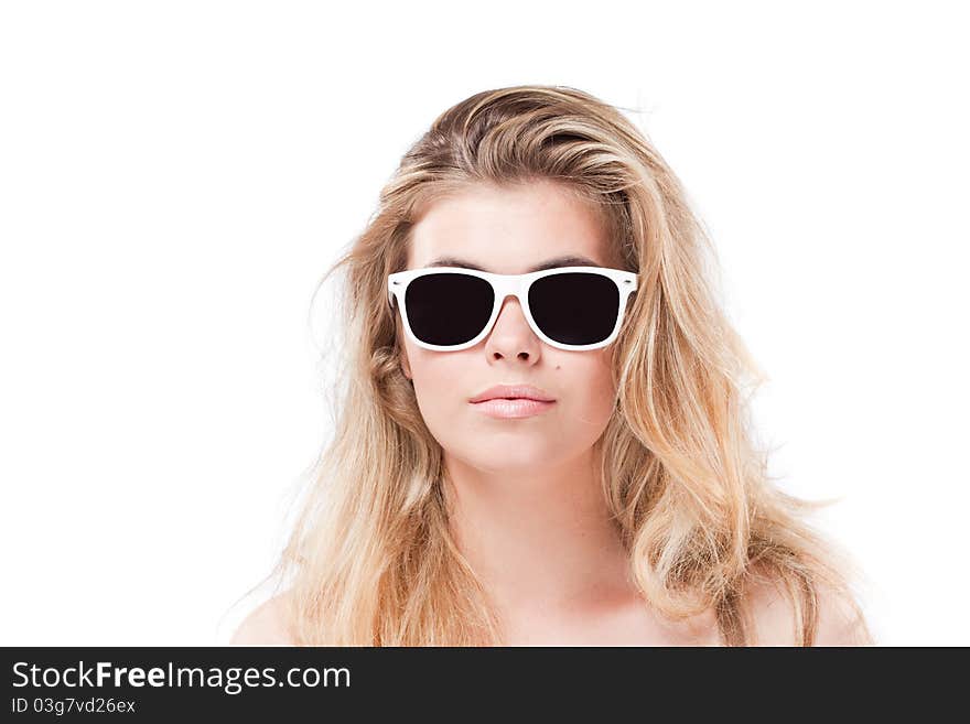 Beautiful blonde woman in sunglasses, front view