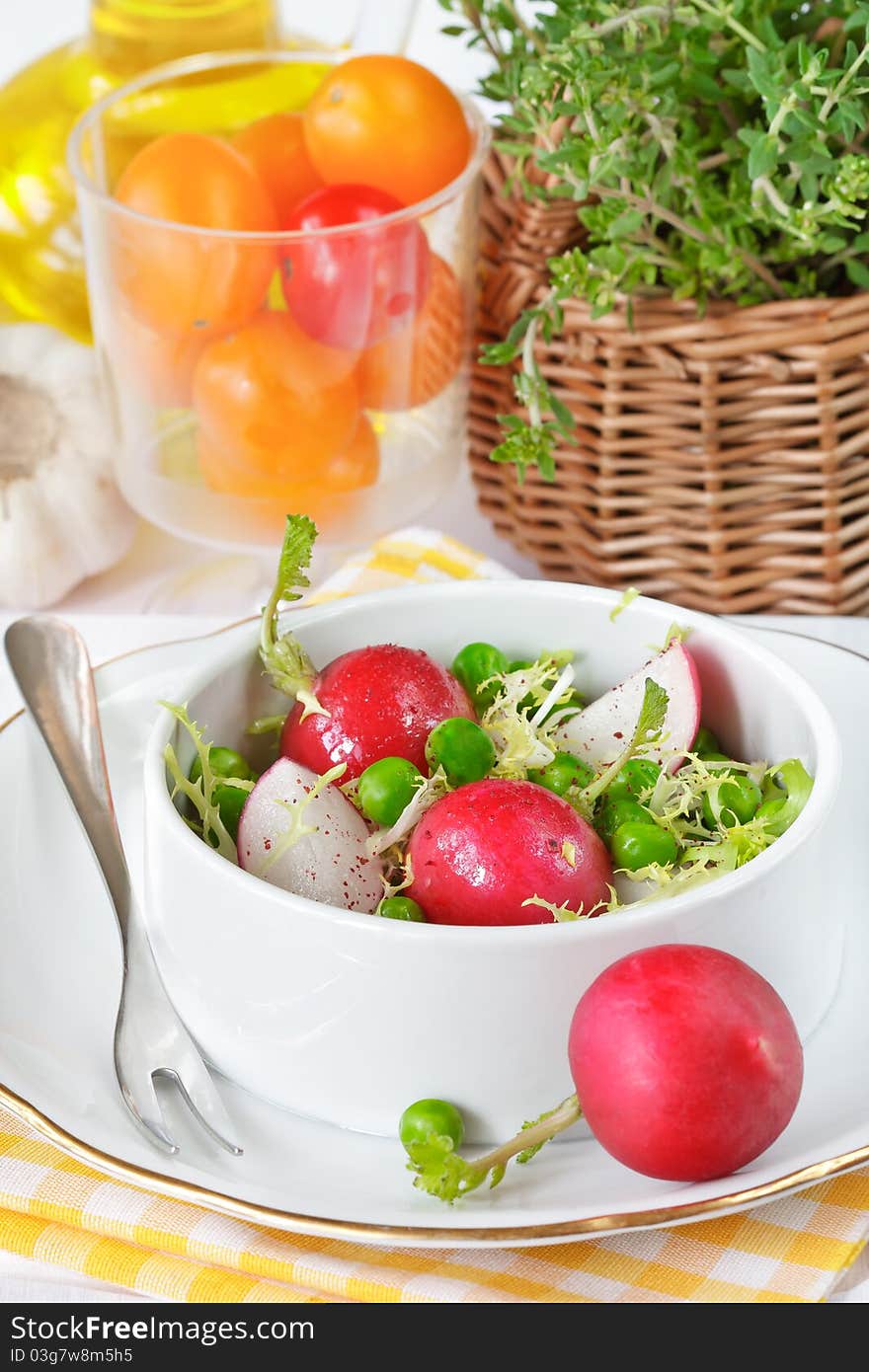 Fresh salad with garden radish, endive and green peas. Fresh salad with garden radish, endive and green peas.