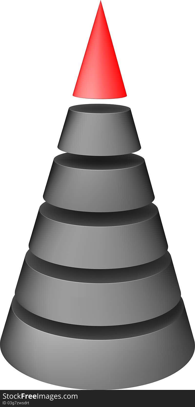 Layered pyramids. Five gray layer, top red.