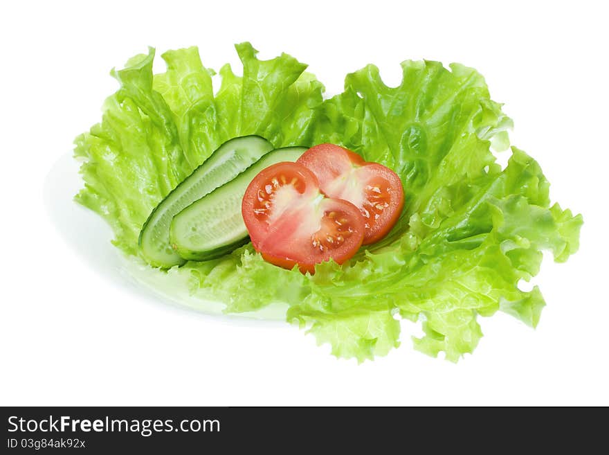 Tomato, cucumber and lettuce on a white background