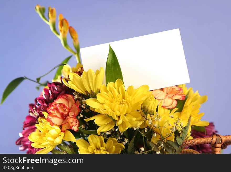 Bright flowers with card on blue