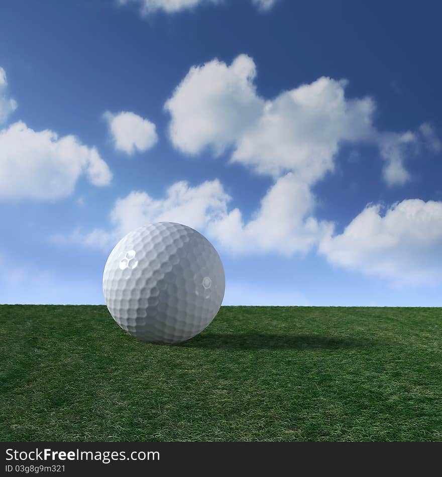 Golf ball on green fairway with puffy clouds in clear blue sky. Golf ball on green fairway with puffy clouds in clear blue sky