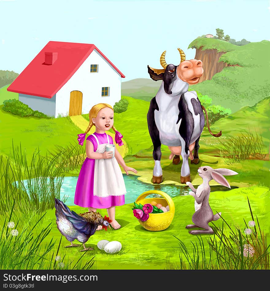 Little girl on the village, cow, hen, hare and girl