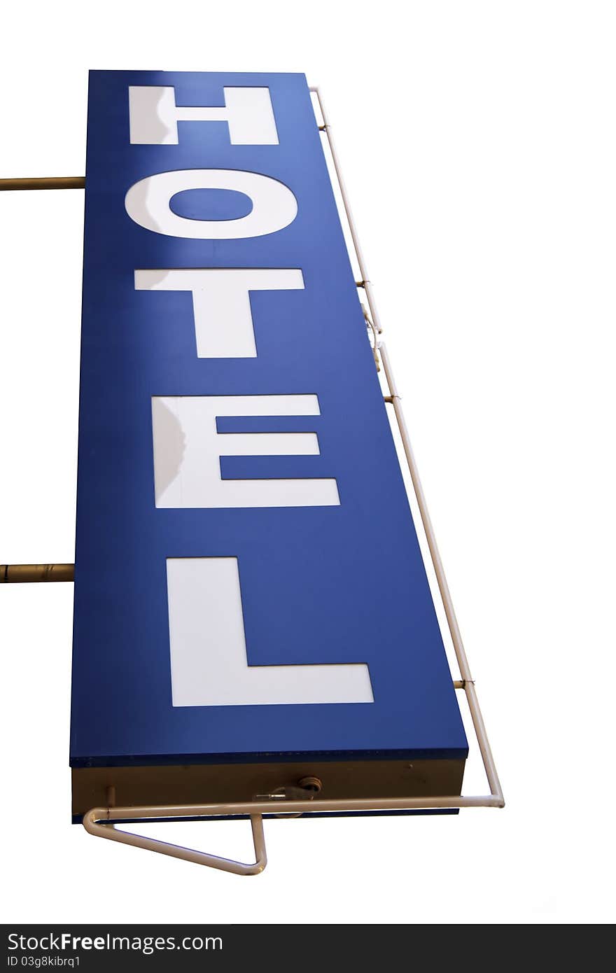 A blue hotel sign in a white background