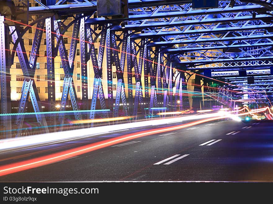 Shanghai Old Garden Bridge Car Light Trails