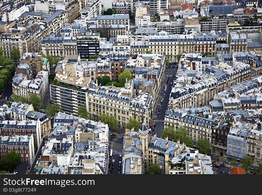 Center of Paris from the top. Roofs and streets. Panorama City