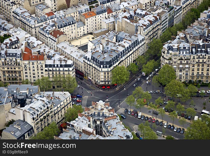 Center of Paris from the top. Roofs and streets. Panorama City