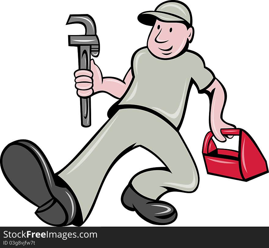 Illustration of a plumber with monkey wrench and toolbox walking front done in cartoon style on isolated background. Illustration of a plumber with monkey wrench and toolbox walking front done in cartoon style on isolated background