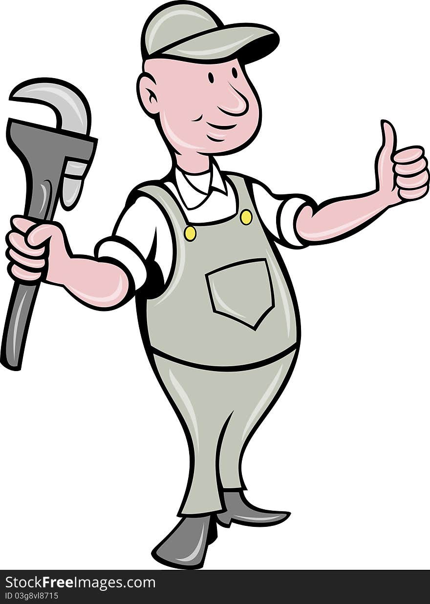 Illustration of a plumber with monkey wrench thumbs up done in cartoon style on isolated background. Illustration of a plumber with monkey wrench thumbs up done in cartoon style on isolated background