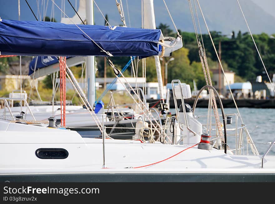 Sailing yachts docked in the marina