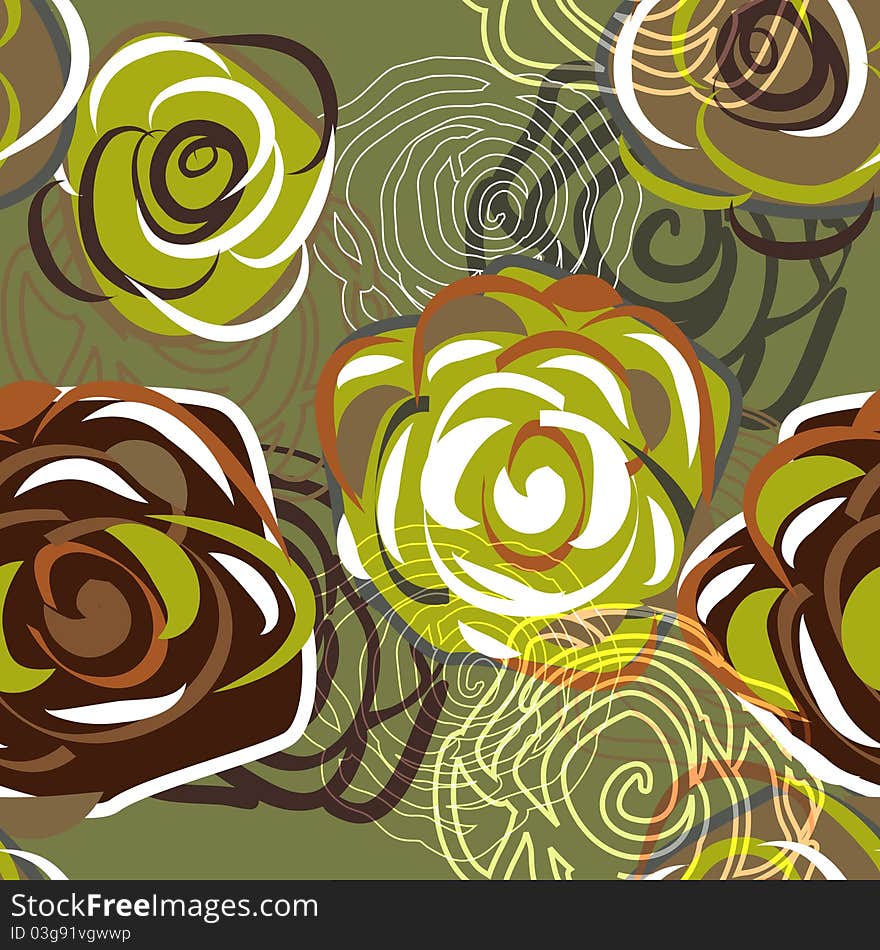 Green seamless texture with abstract roses