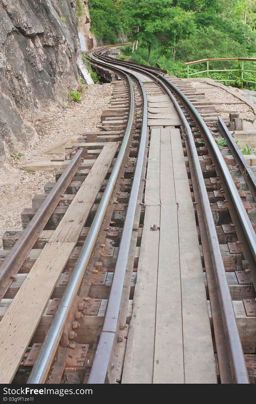 Railway beside mountain in Kanchanabury ,Thailand