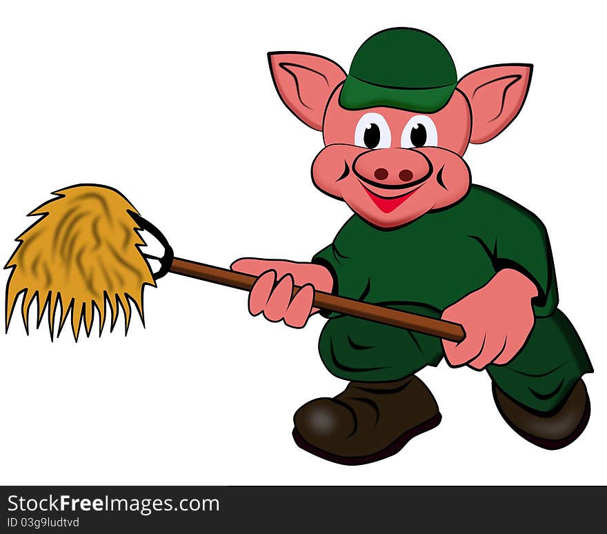 Little pigs, the farmer with the pitchfork