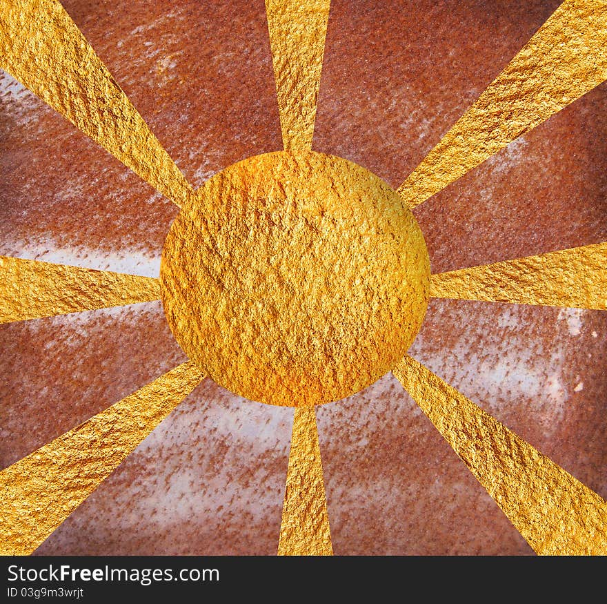 Abstract Golden Sun on Rusty metal background. Abstract Golden Sun on Rusty metal background