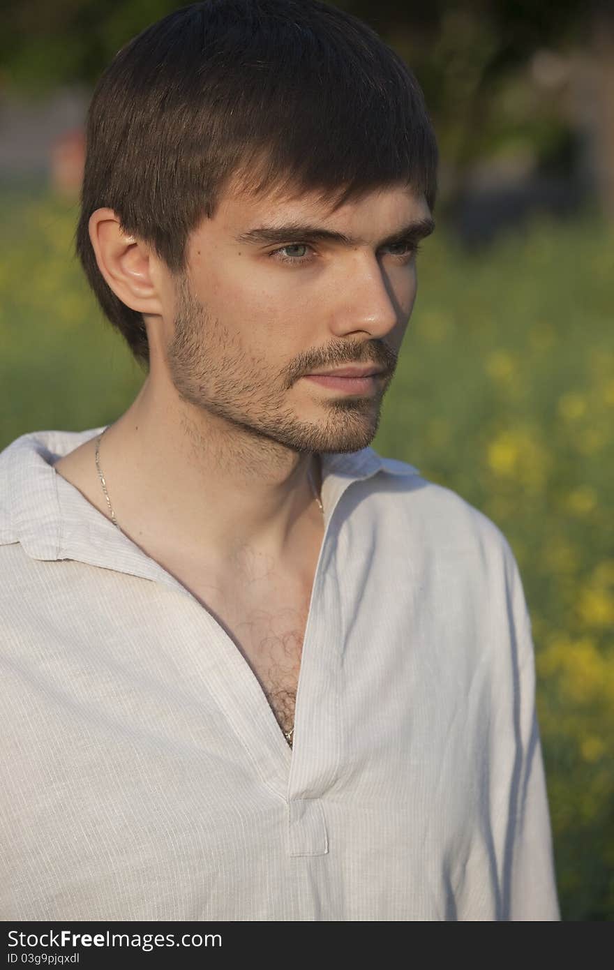 Man in field by sunset