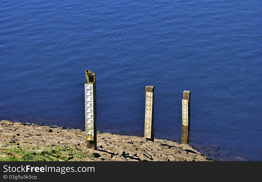 Water depth markers on a reservoir in Lancashire. Water depth markers on a reservoir in Lancashire