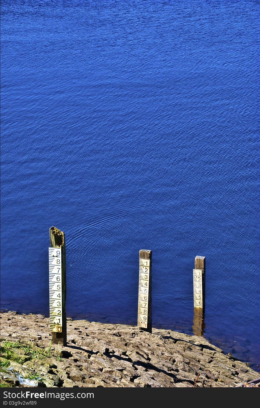 Water depth markers on a reservoir in Lancashire. Water depth markers on a reservoir in Lancashire