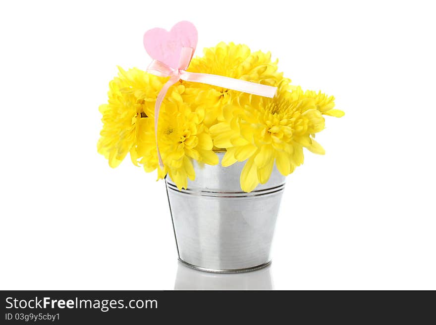 Yellow chrysanthemums in a bucket with chrysanthemums next with the text I love you and a red heart. Isolated. Yellow chrysanthemums in a bucket with chrysanthemums next with the text I love you and a red heart. Isolated