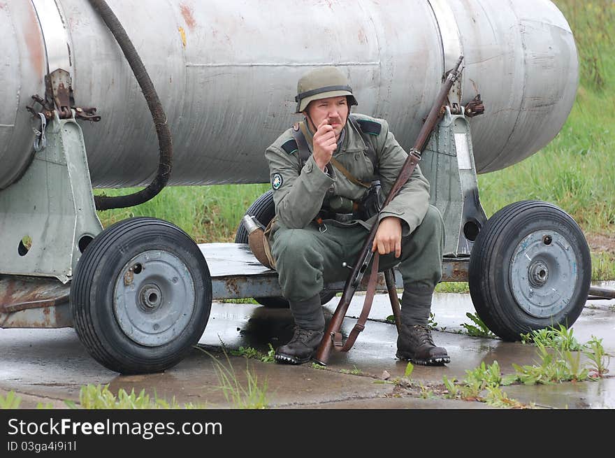 Member of Red Star history club wears historical German uniform during historical reenactment of WWII in Kiev,Ukraine. Member of Red Star history club wears historical German uniform during historical reenactment of WWII in Kiev,Ukraine