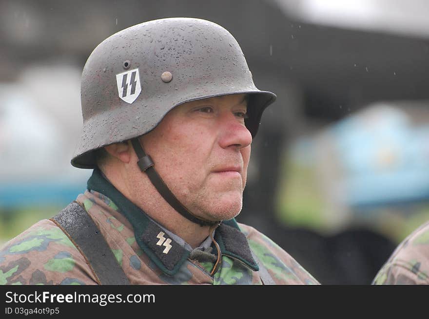 Member of Red Star history club wears historical German uniform during historical reenactment of WWII in Kiev,Ukraine. Member of Red Star history club wears historical German uniform during historical reenactment of WWII in Kiev,Ukraine