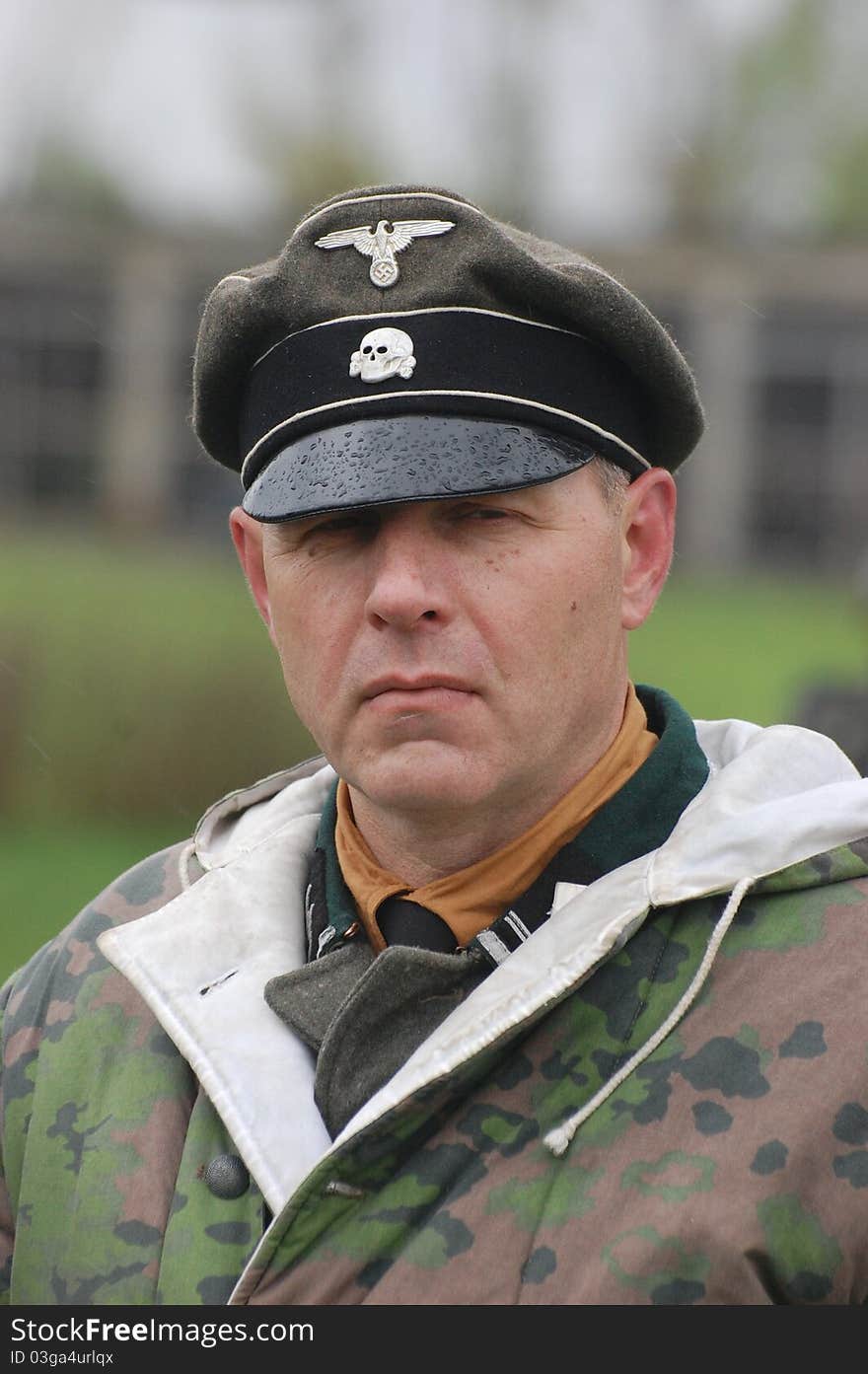 Member of Red Star history club wears historical German uniform during historical reenactment of WWII in Kiev,Ukraine. Member of Red Star history club wears historical German uniform during historical reenactment of WWII in Kiev,Ukraine