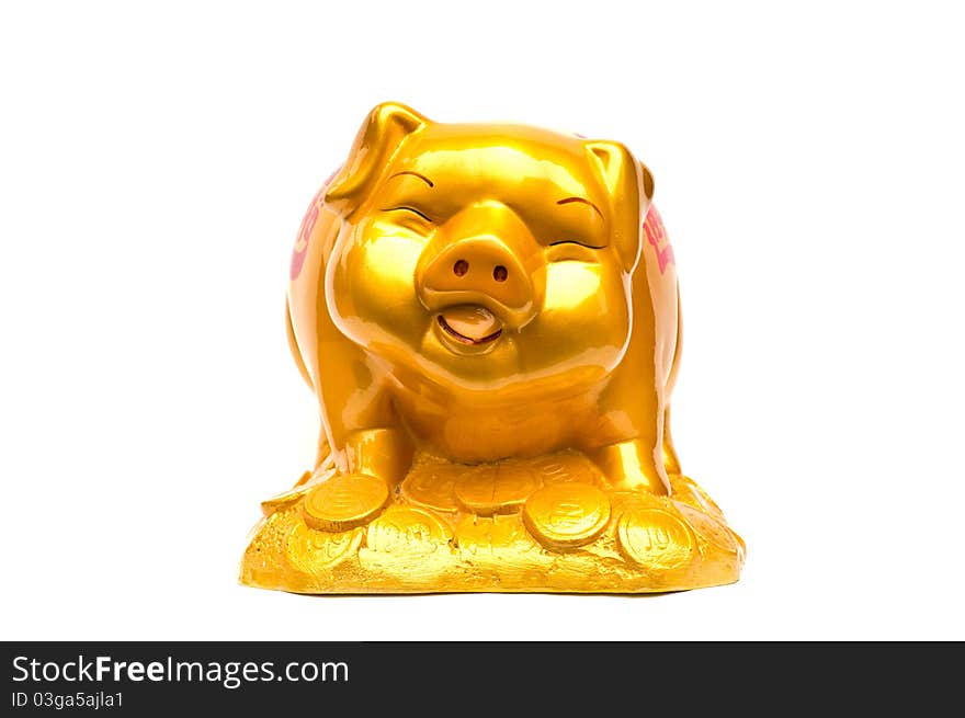 Golden Piggy bank isolated on a white background