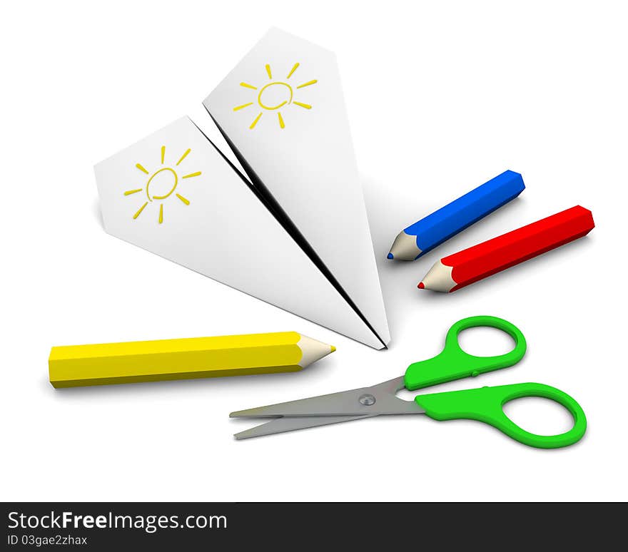 Composition of paper airplane, pencils and scissors. 3d rendering