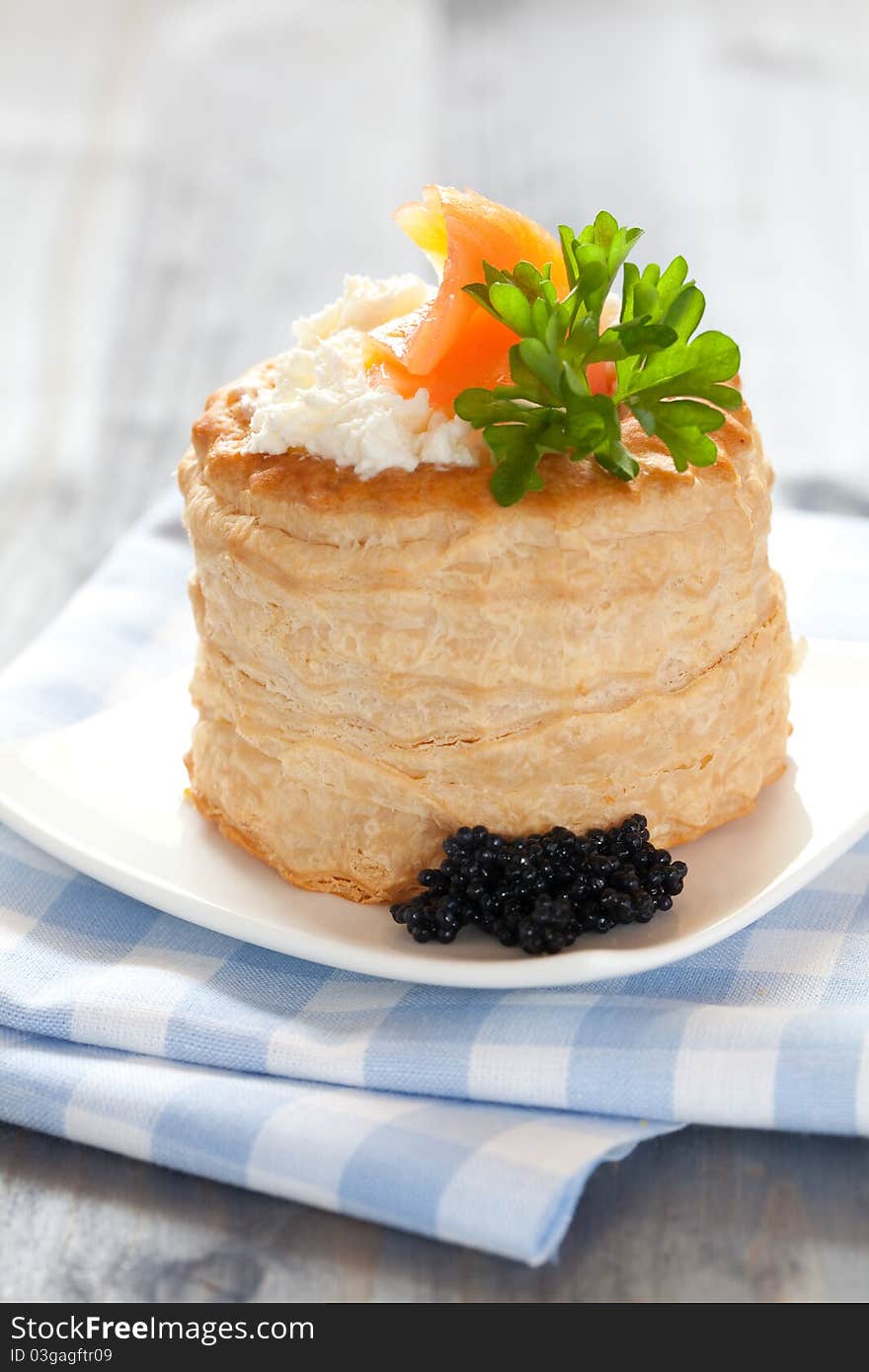 Fresh vol au vent with caviar and salmon