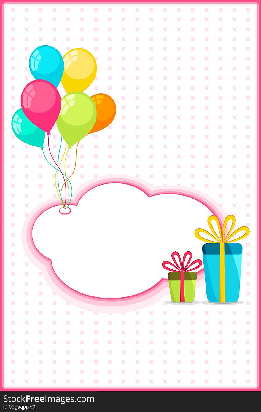 Illustration of celebration card with balloon and gift box