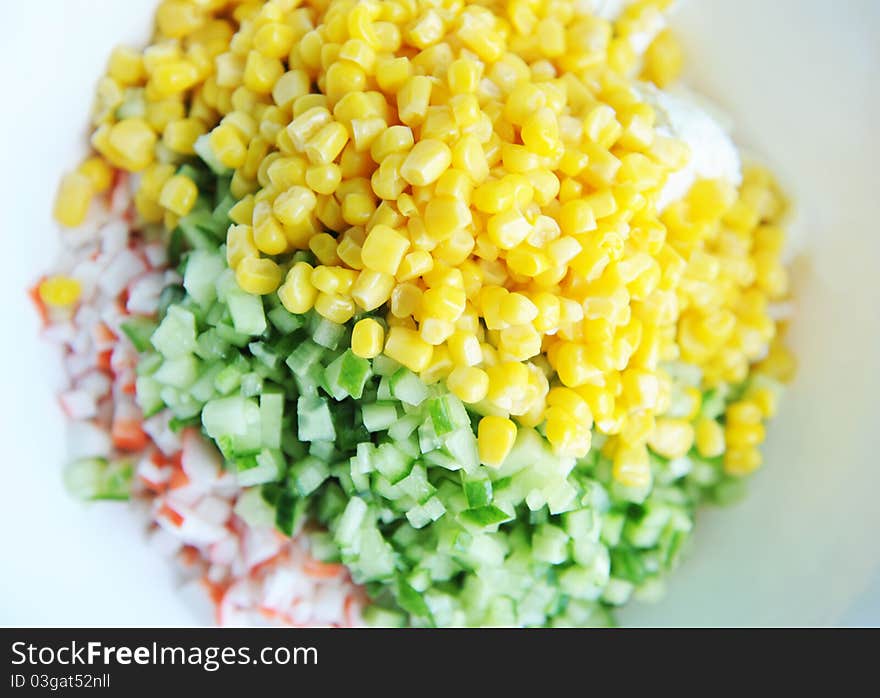 Vegetarian mixing breakfast with crab sticks