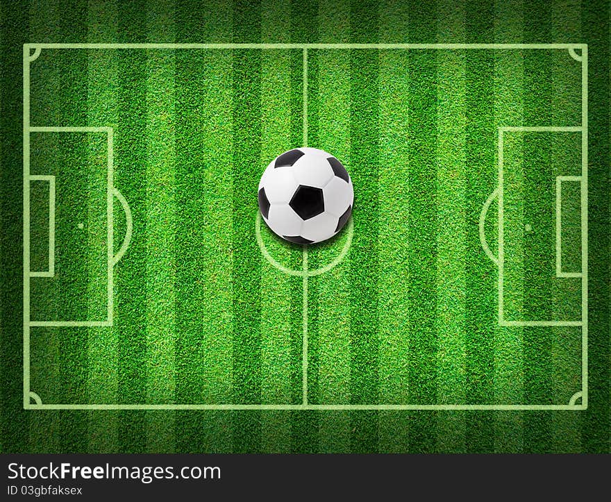 Real green grass soccer field background with 3d ball