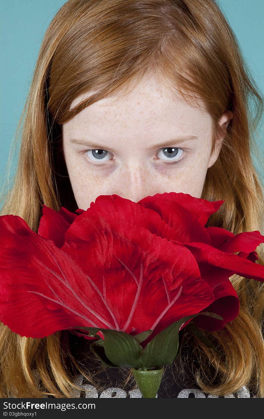 Young girl is looking at you over a big red rose