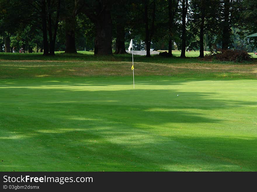 Scenic view on the golf course with green grass, trees in the background and flag in hhe foreground