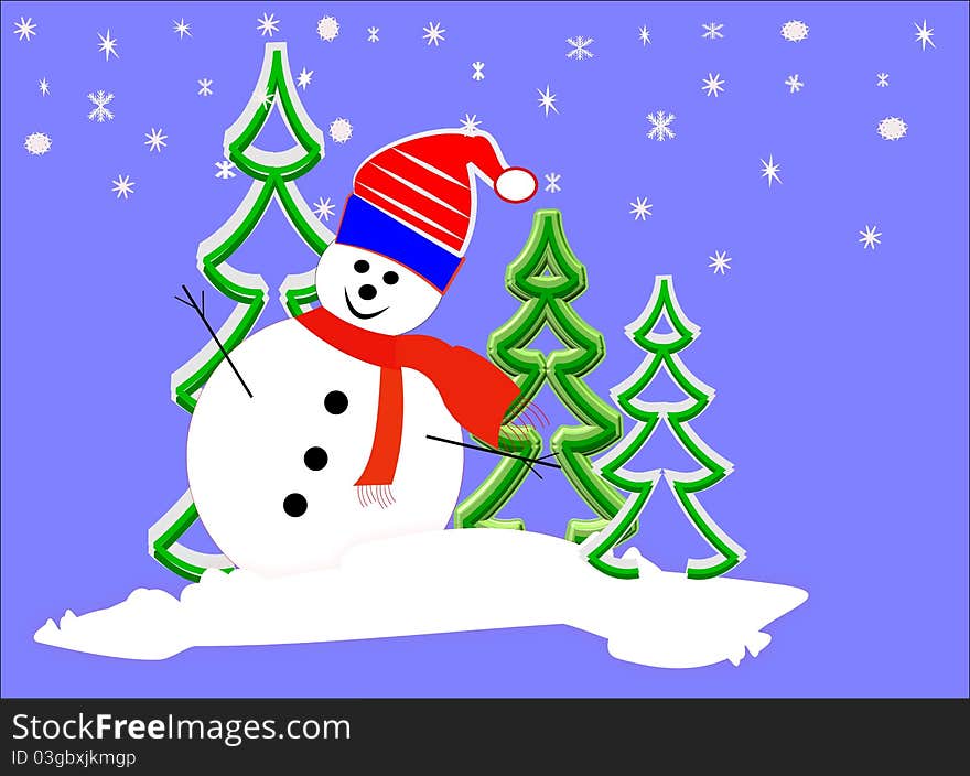 Snowman on blue background with trees and flakes. Snowman on blue background with trees and flakes