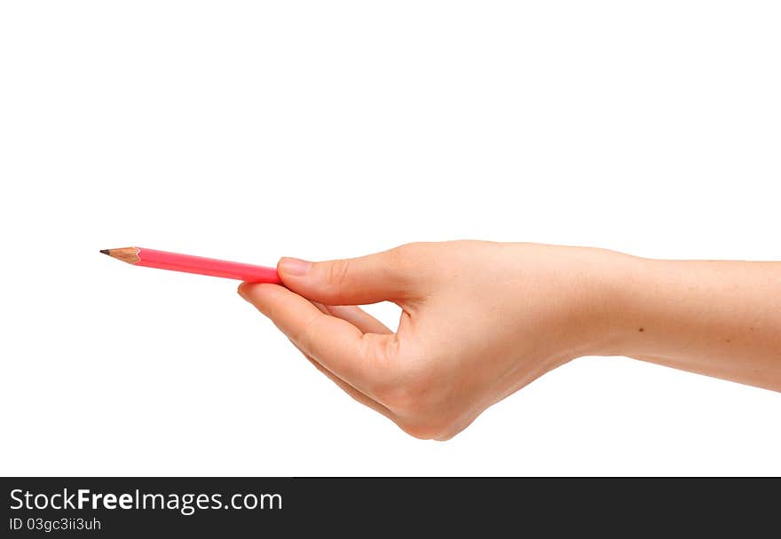 Pencil in woman hand isolated on white background