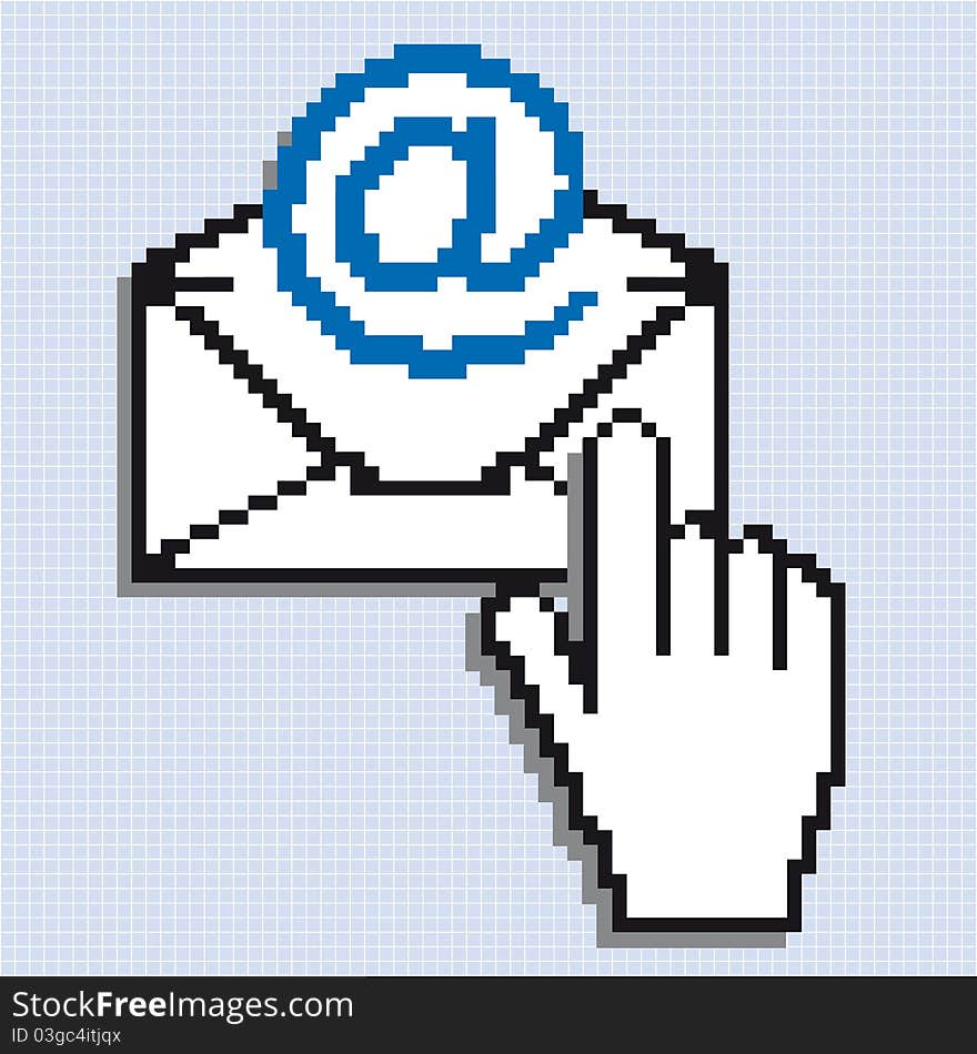 Pixelated hand and letter with E-Mail symbol. Pixelated hand and letter with E-Mail symbol