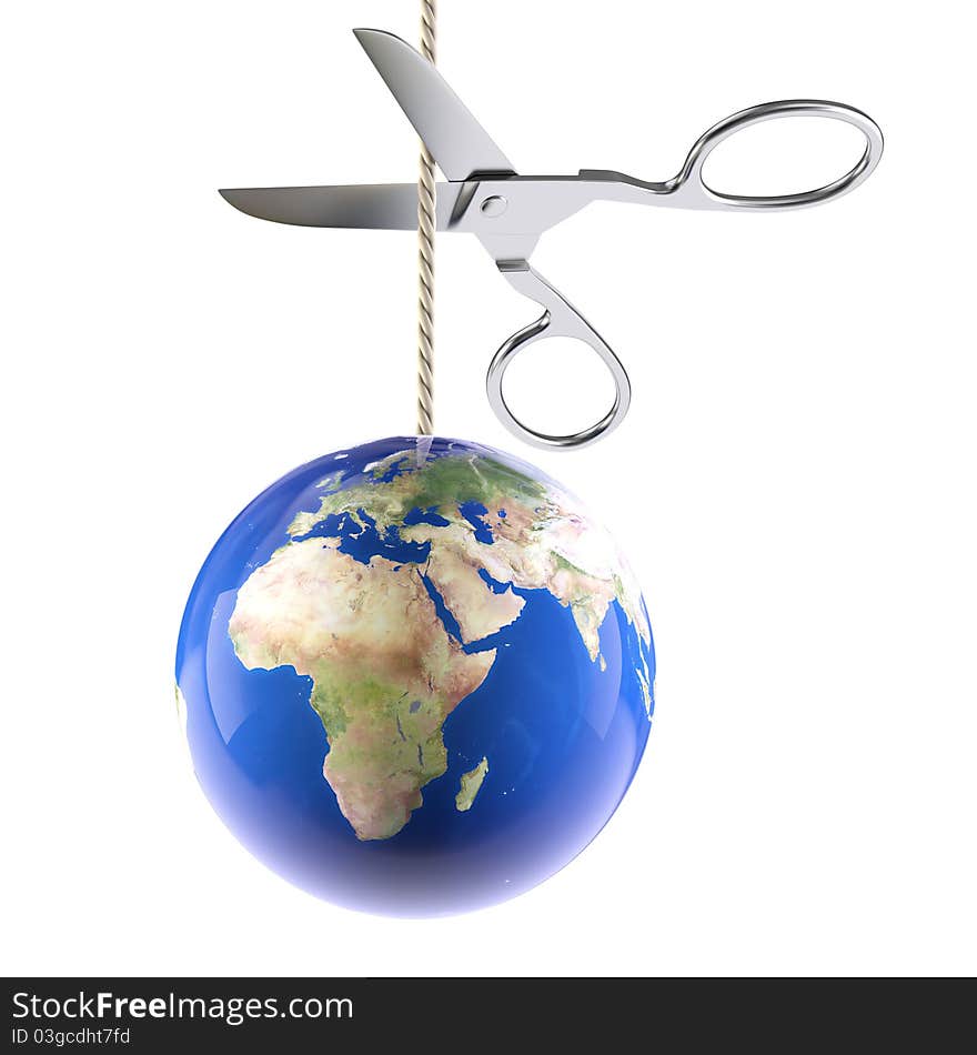 Planet on rope cutting scissors. Planet on rope cutting scissors