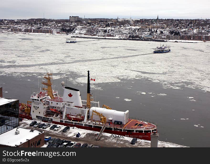 The river in Quebec city in winter with snow. The river in Quebec city in winter with snow