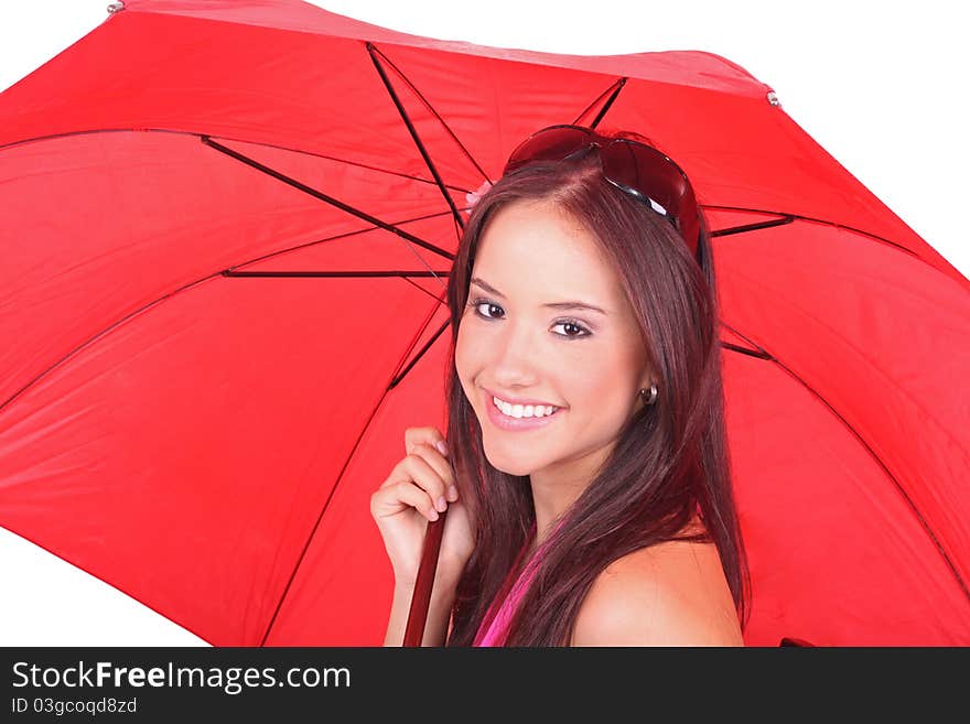 A beautiful woman holding a red umbrella against a white background. A beautiful woman holding a red umbrella against a white background