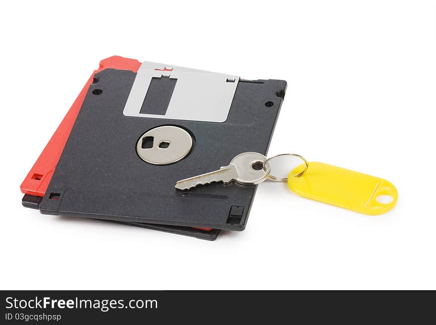 Floppy black disks on white background