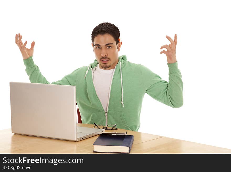 A man is studying at a computer and looks frustrated. A man is studying at a computer and looks frustrated.